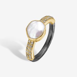 Victoria Keshi Pavé ring – 14k guld och silver, keshi pärla, diamanter