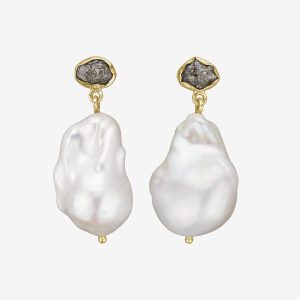 Ponte Baroque örhängen – 14k guld och silver, barockpärla, rådiamant
