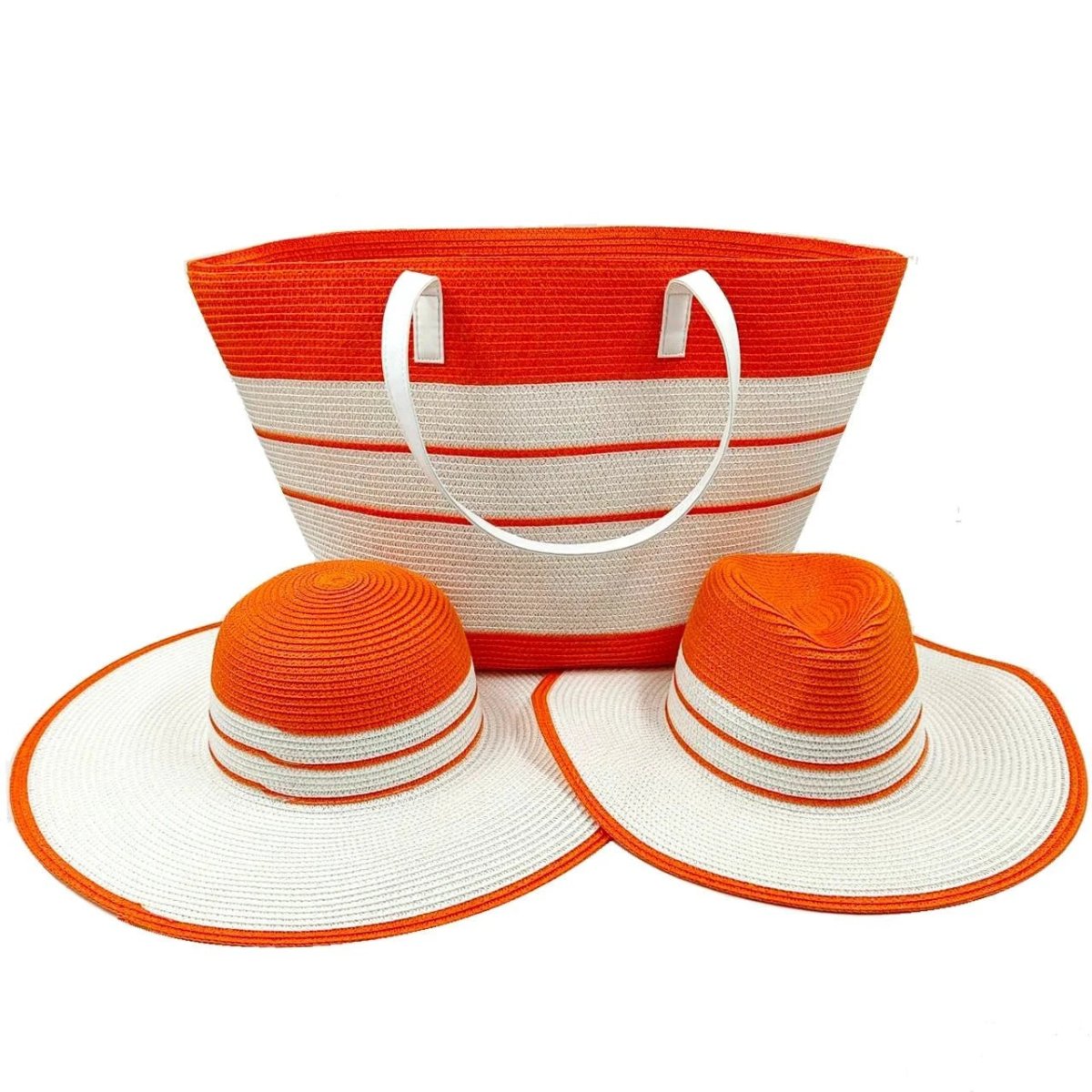 Orange och vit väska och två hattar